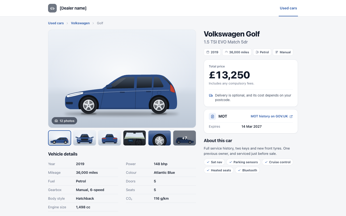 Illustration of a car page: photos, the total price with optional delivery, and the specification