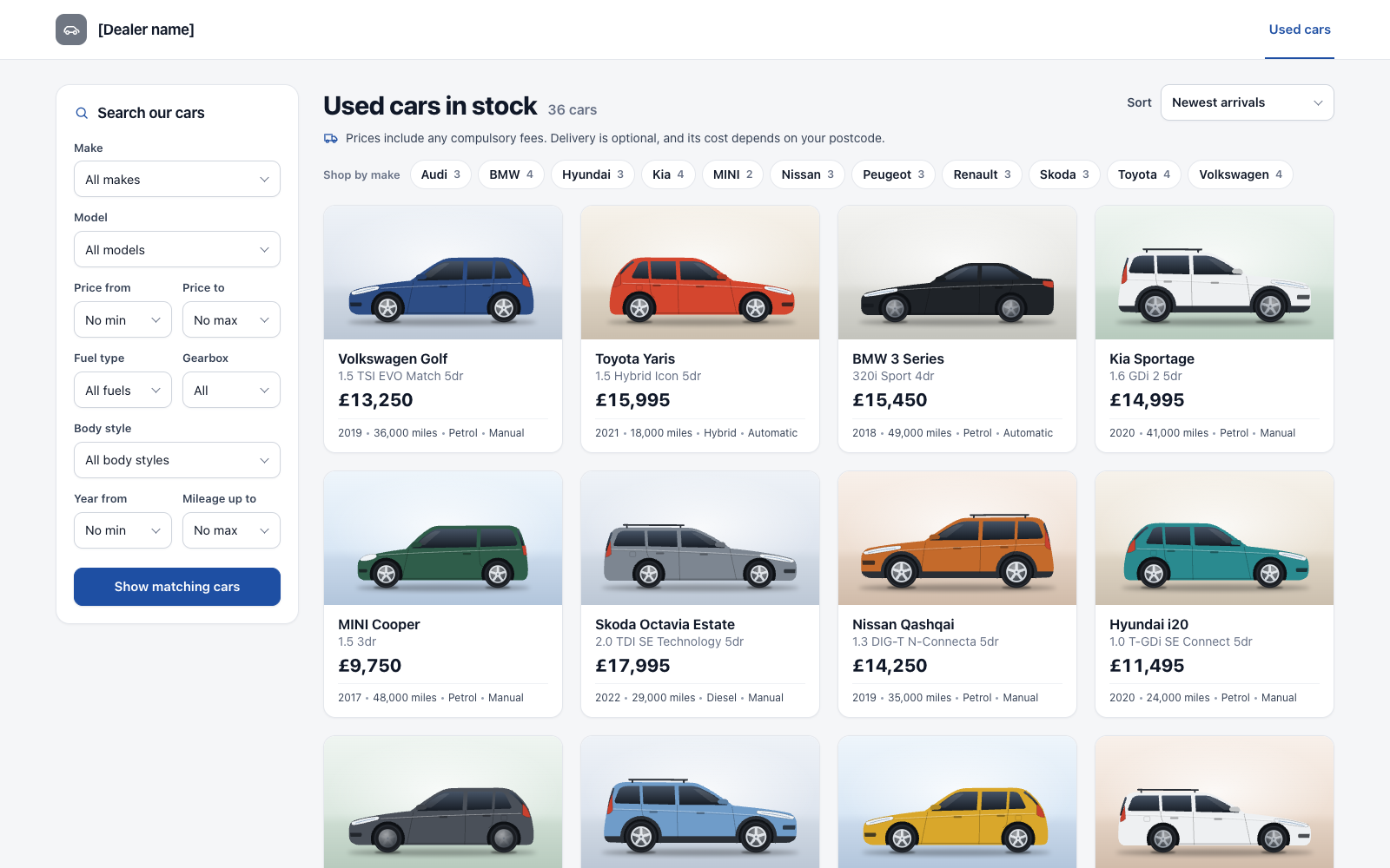 Illustration of the stock listing page: search filters beside a grid of cars, each with a photo, year, mileage, fuel type, gearbox and total price