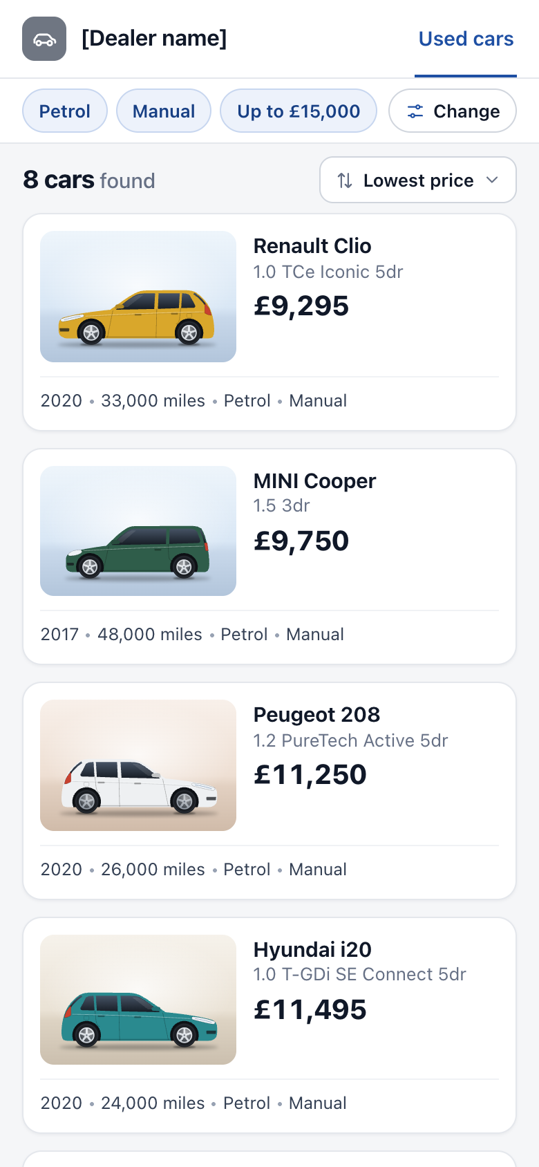 Illustration of search results on a phone: active filters, a result count and matching cars